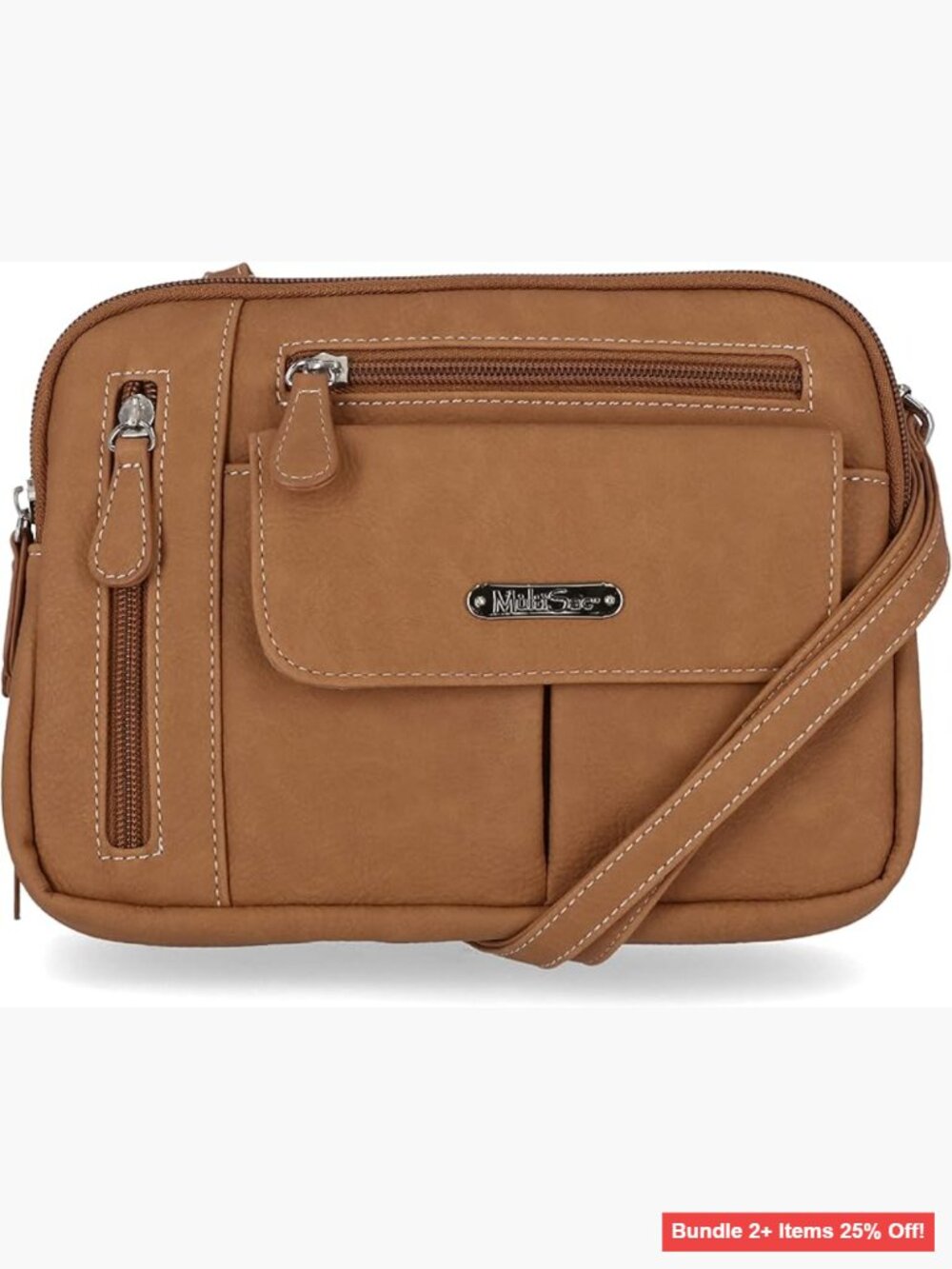 Triple Compartment Crossbody Bag with Adjustable Strap, Vegan Leather